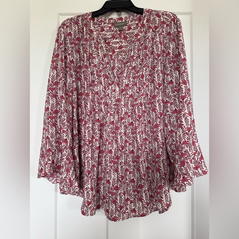 Style & Co Women’s XXL Blouse Printed Pintuck Ruffle Sleeves Top 2XL Flowy Bell